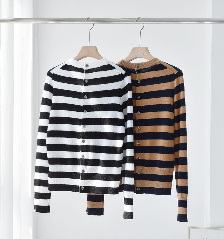 Striped Spliced Knit Cashmere, Long Sleeve Cashmere, Women Button Cardigan, Cashmere Sweater