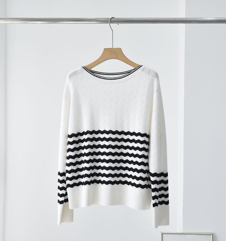 Striped Contrasting Wide Necked Cashmere, Long Sleeve Cashmere, Women Pullover, Cashmere Sweater