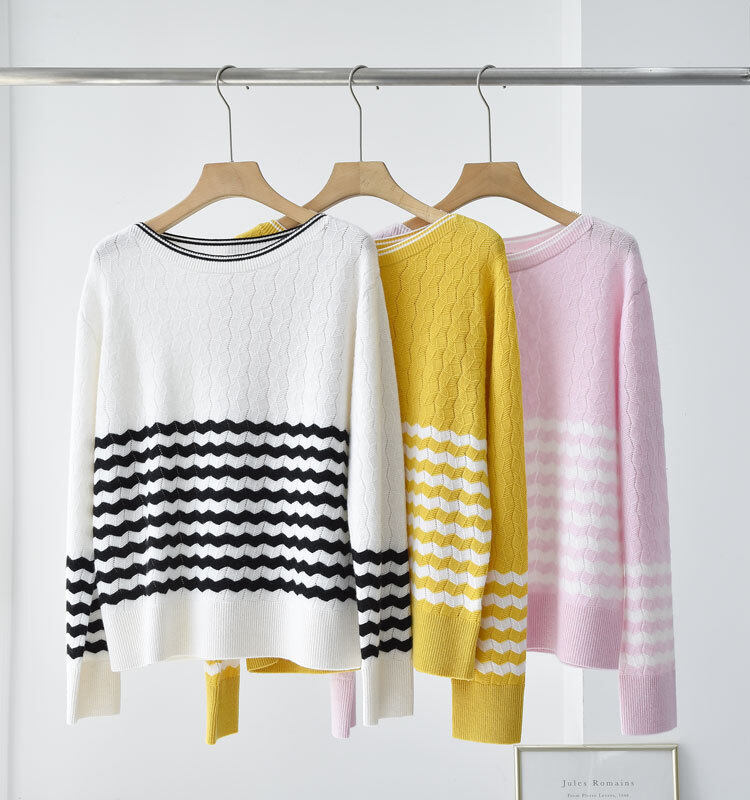 Striped Contrasting Wide Necked Cashmere, Long Sleeve Cashmere, Women Pullover, Cashmere Sweater