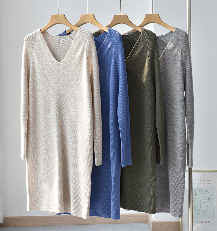 Nanteng New Stock 12GG V Neck Basic Knit Long Sleeve Women Jersey Dress 100% Cashmere Sweater
