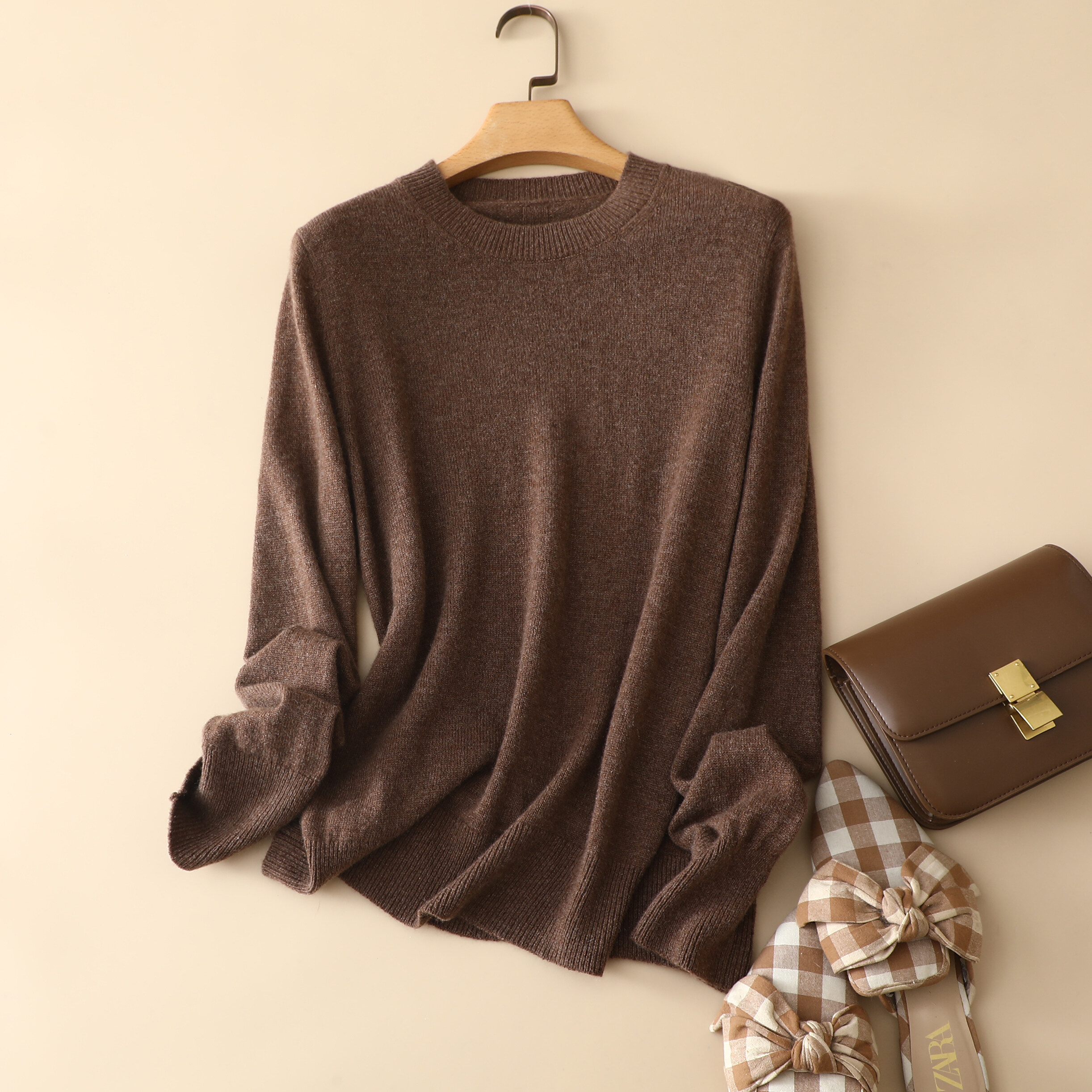 Nanteng New Stock 12GG Solid Basic Knit Long Sleeve Women Pullover 100% Cashmere Sweater
