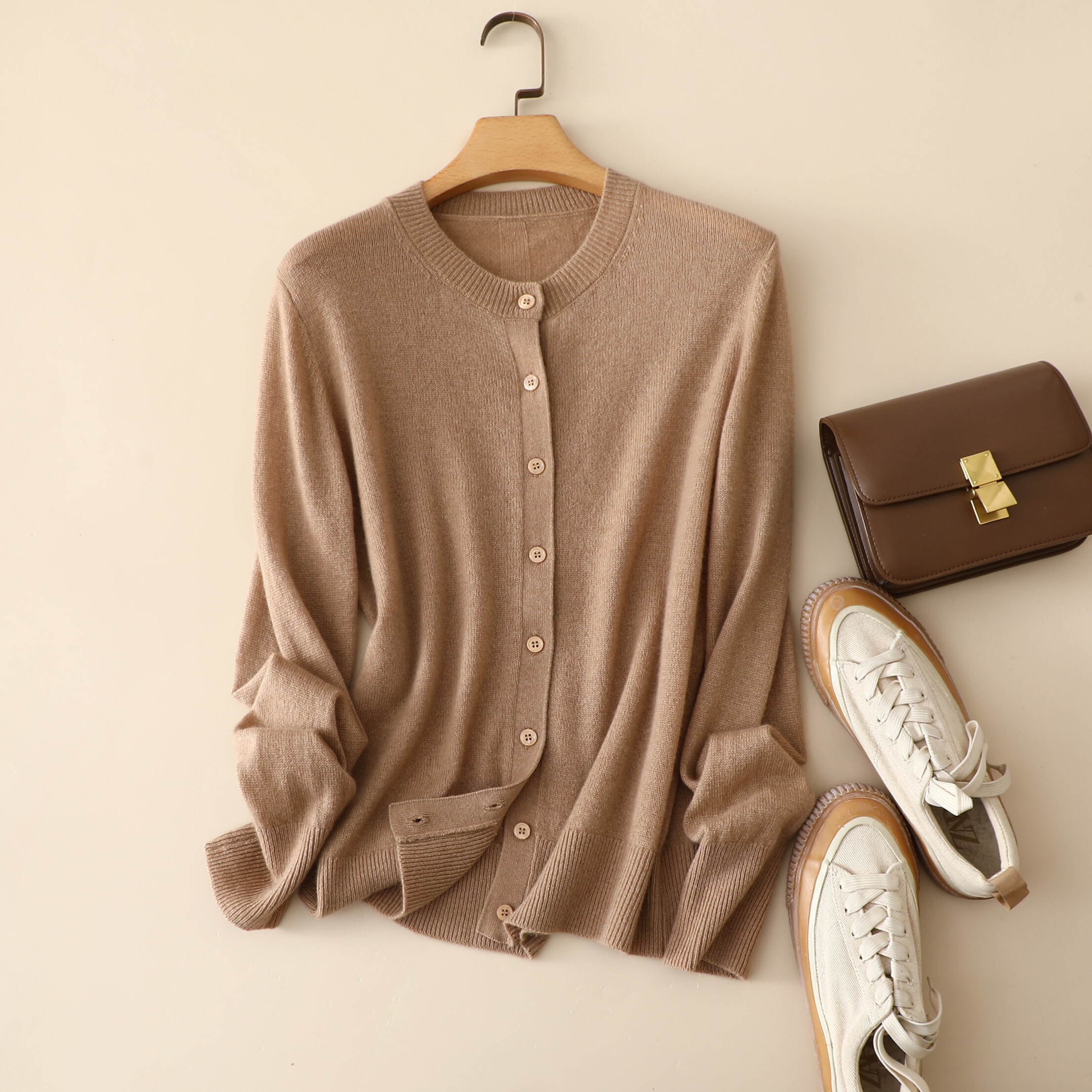 Monochrome Small Round Neck Cashmere, Long Sleeve Cashmere, Women Button Cardigan, Cashmere Sweater