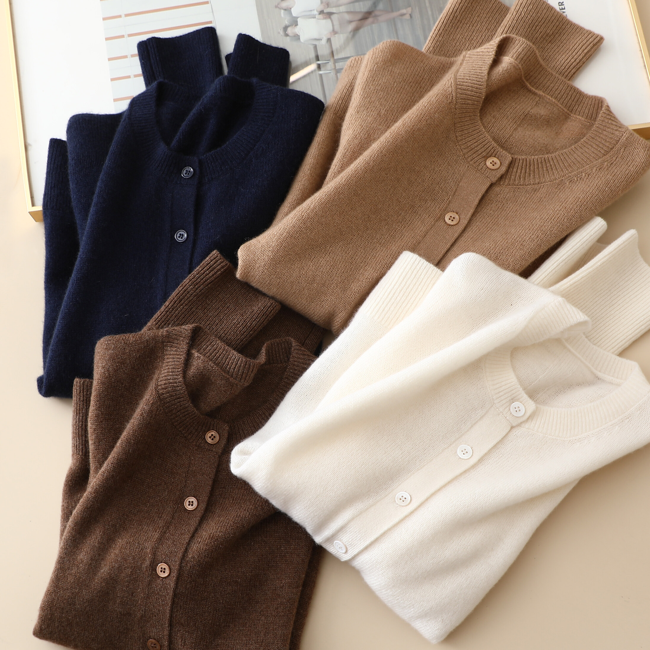 Monochrome Small Round Neck Cashmere, Long Sleeve Cashmere, Women Button Cardigan, Cashmere Sweater