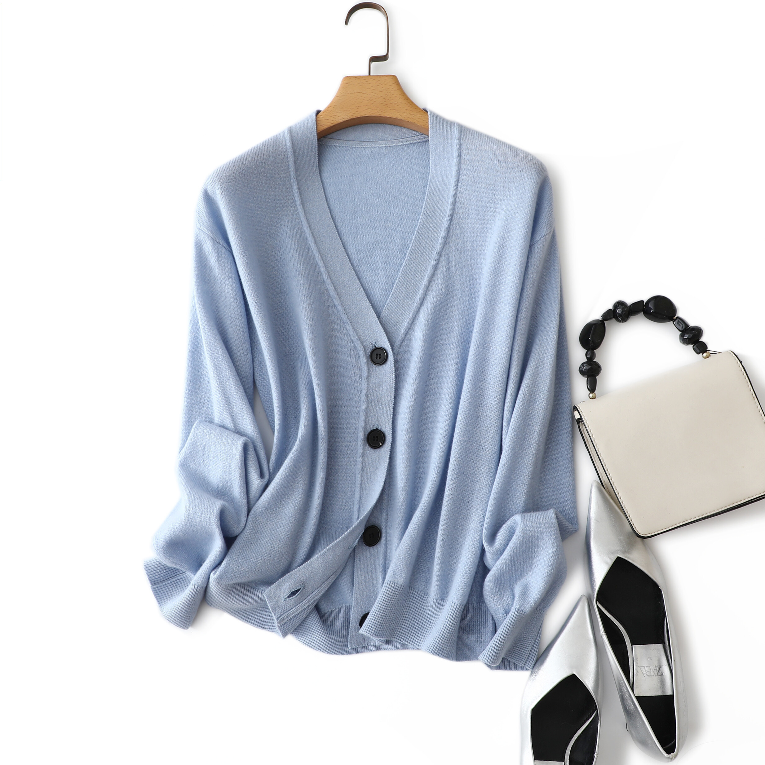 Nanteng New Stock 12GG Cropped V-Neck Long Sleeve Women Button Cardigan 100% Cashmere Sweater