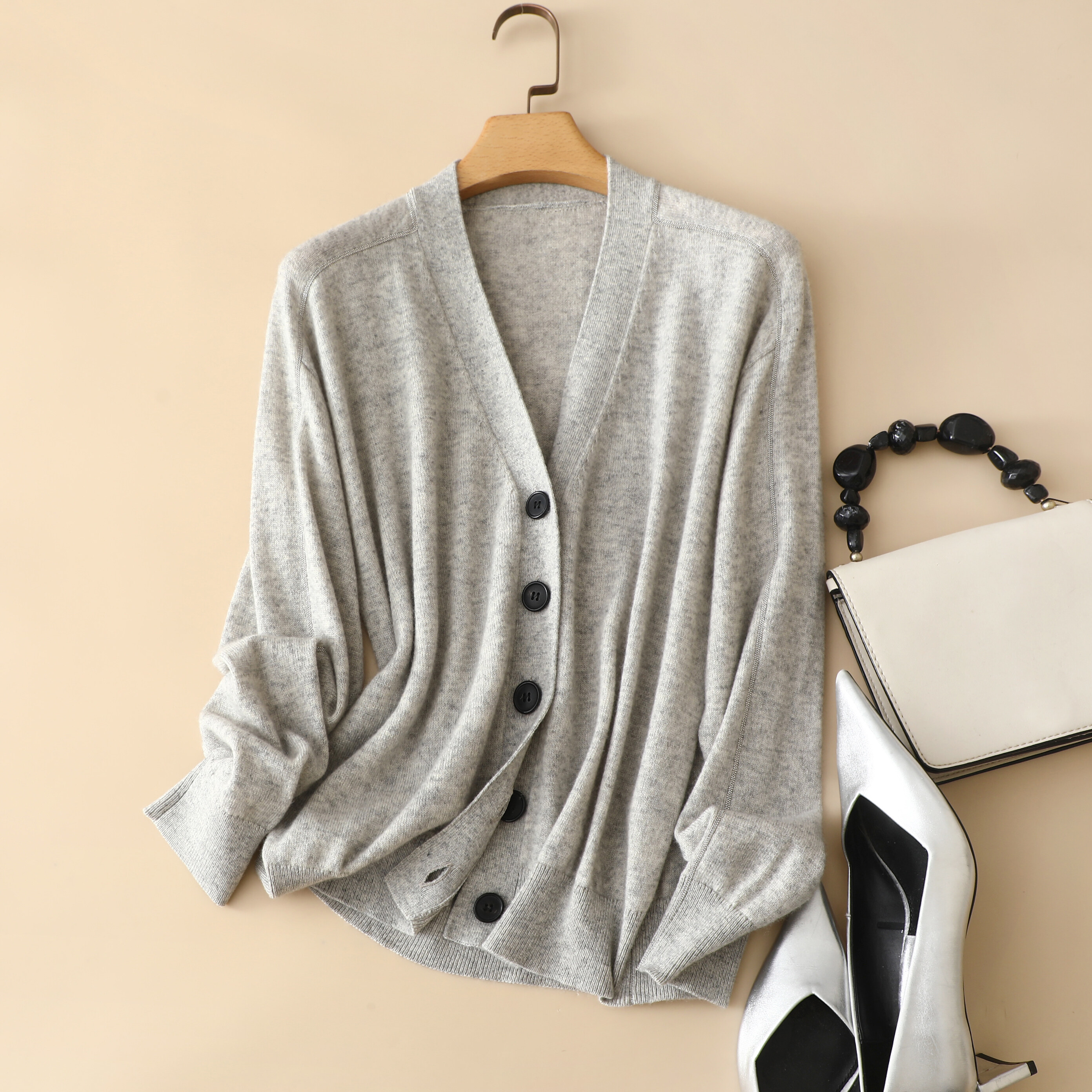 V Neck Decorative Line Cashmere, Long Sleeve Cashmere, Women Button Cardigan, Cashmere Sweater