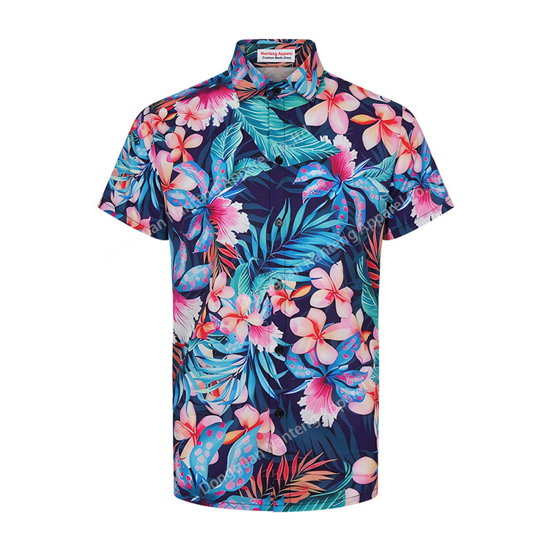 Custom 80%Polyester Sublimation Floral Pattern Short Sleeve Turn Down Collar Men Button Shirts