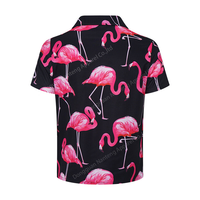 Custom Button Shirts, Polyester Sublimation Button Shirts, Flamingo Printing Pattern Button Shirts, Short Sleeve Lapel Button Shirts