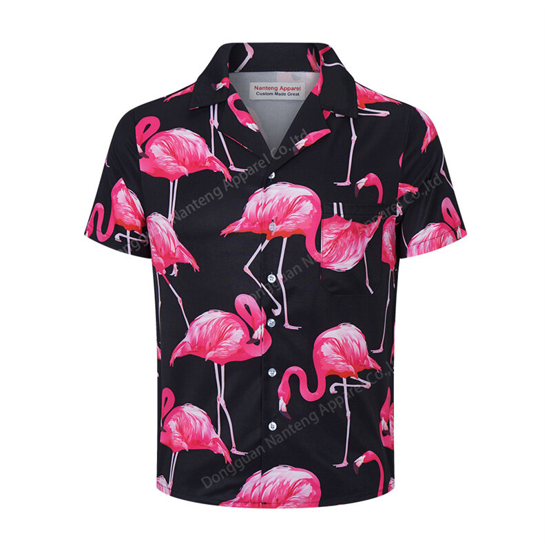 Custom Polyester Sublimation Flamingo Printing Pattern Short Sleeve Lapel Men Button Shirts