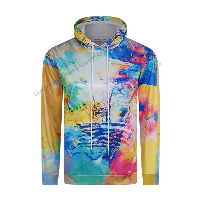 Custom 100%Polyester Sublimation Tie Dye Pattern Long Sleeve With Pockets Men Pullover Hoodie