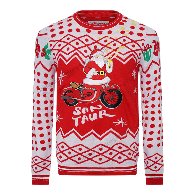 Custom Ribbed Knit Crew Neck Pullover Santa Embroidery Applique Patch Cotton Men Christmas Sweater