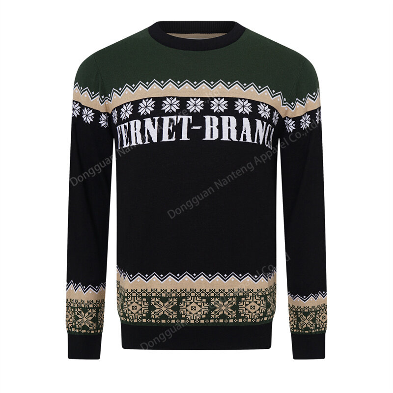 Custom Rib Pullover Letter Logo Striped Jacquard Knit 100%Cotton Men Christmas Sweater