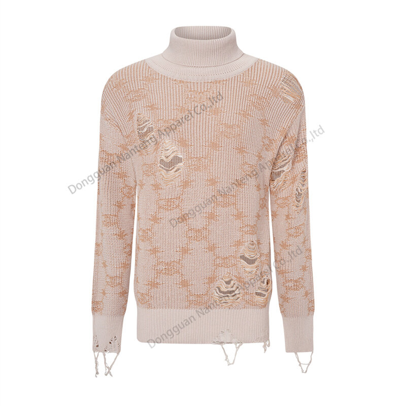 Custom Turtle Neck Winter Knit Distressed Rip Hollow Out Acrylic Men Pullover Sweater