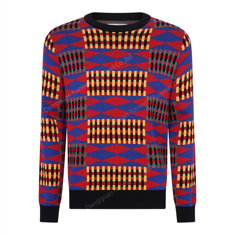 Custom Crew Neck Knitwear Patchwork Plaid Cable Jacquard 100%Cotton Men Pullover Sweater