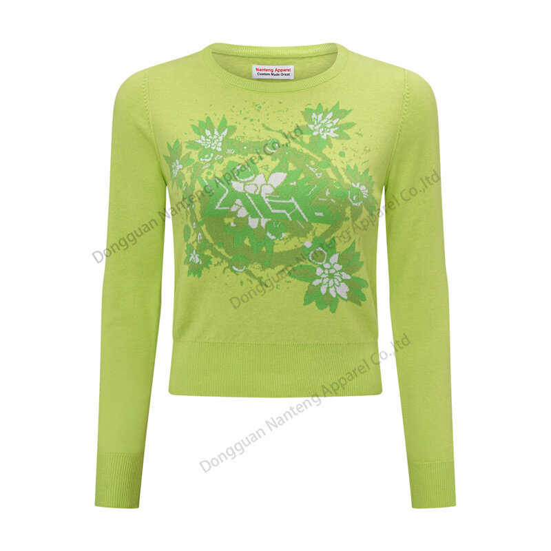 Custom Big Crew Neck Pattern Intarsia Knit Jumper Winter Cotton Women Pullover Sweater