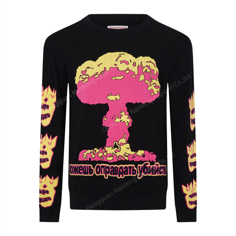 Custom Crew Neck Knit Cartoon Logo Black Jacquard Acrylic Cotton Blend Men Pullover Sweater