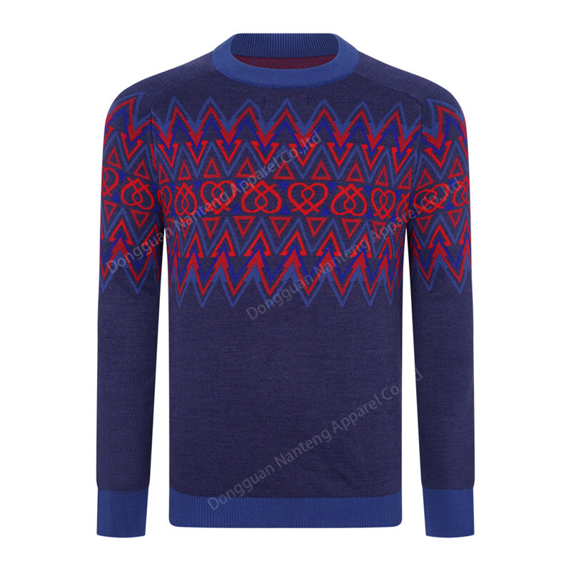 Custom Crew Neck Striped Geometric Pattern Jacquard Knit Acrylic Men Pullover Sweater