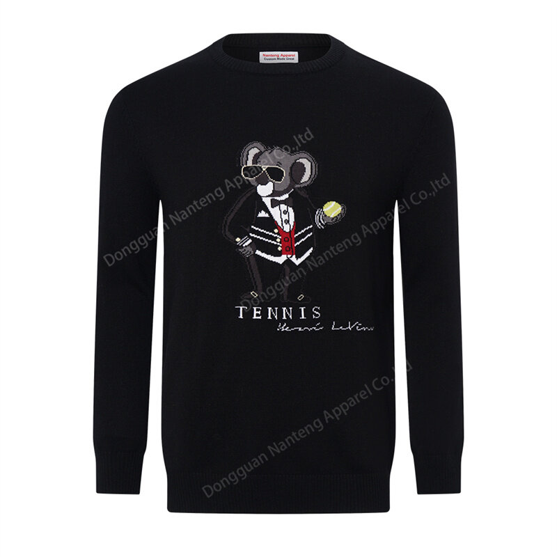 Custom Ribbed Neckline And Hem Intarsia Cartoon Pattern 100%Cotton Men Pullover Sweater