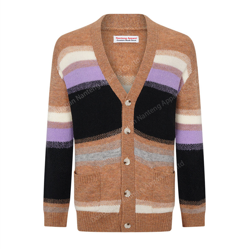 Custom Long Sleeve V Neck Mohair Colorblock Stripes Acrylic Wool Blend Men Cardigan Sweater