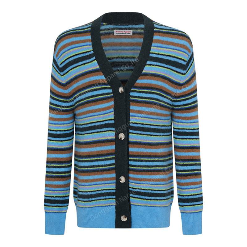 Custom V-Neck Ribbed Cuffs And Hem Mohair Colorblock Stripes Wool Men Cardigan Sweater