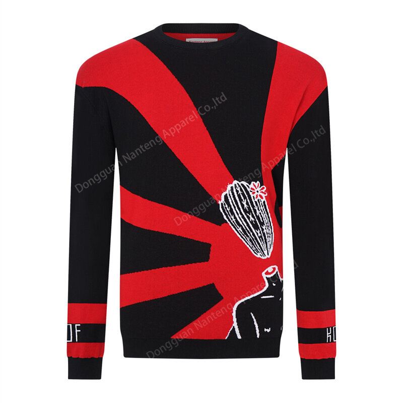 Custom Contrast Color Long Sleeves Creative Pattern Jacquard Knit Cotton Men Pullover Sweater