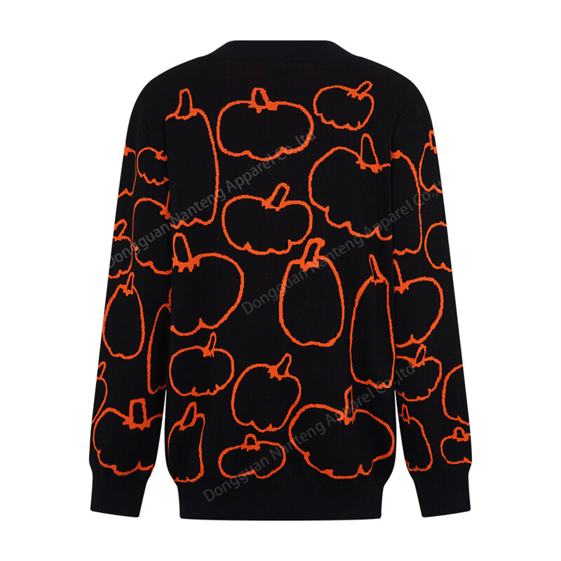 Pull à bouton à col en V, pull à motif Jacquard Pumpkin, pull 100% coton, pull d'Halloween cardigan