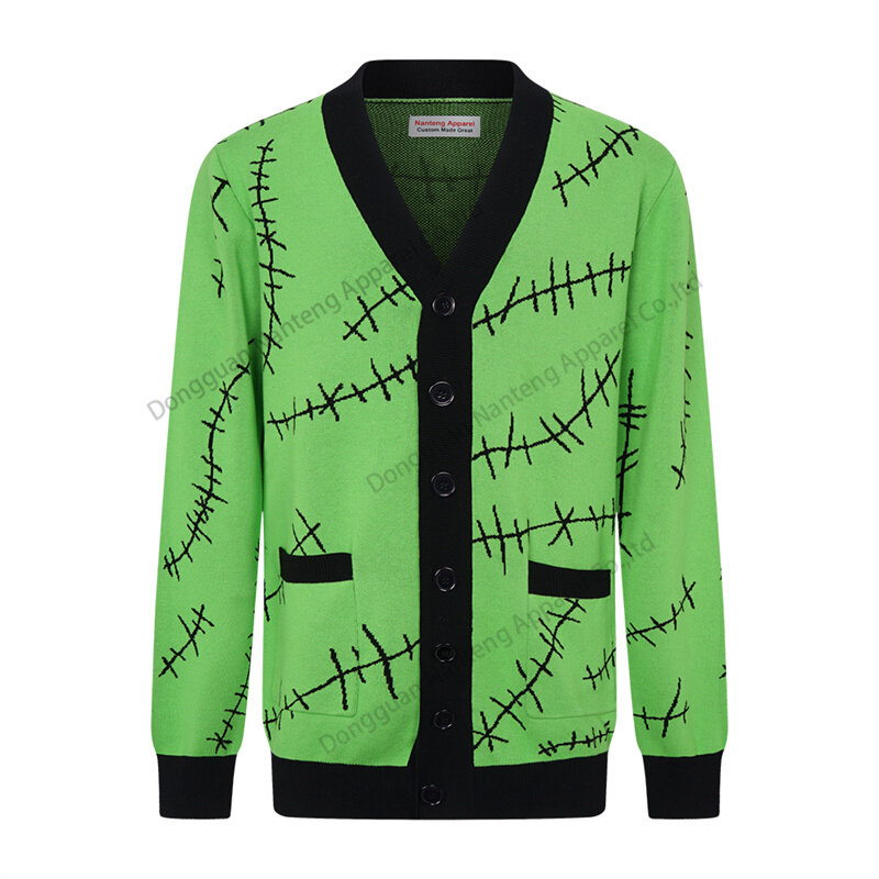 Custom V-Neck Button All-Over Jacquard Pattern 100%Cotton Men Cardigan Halloween Sweater