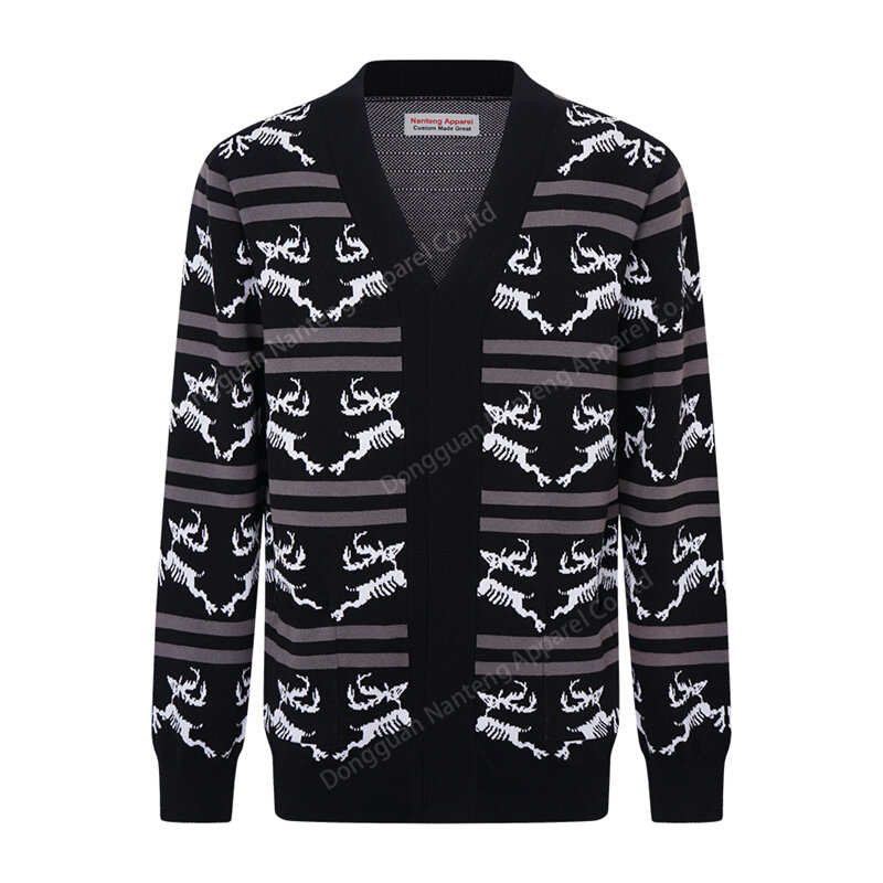 Custom Loose V-Neck Allover Jacquard Knit Pattern 100%Cotton Men Cardigan Halloween Sweater