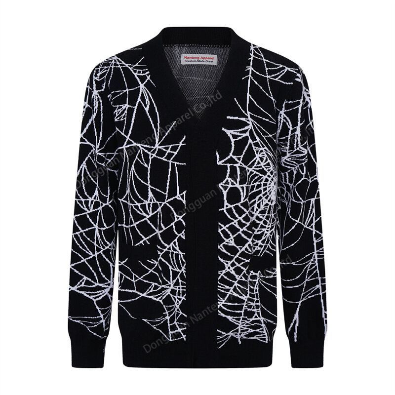 Custom Large V-Neck Spider Web Jacquard Pattern 100%Cotton Men Cardigan Halloween Sweater