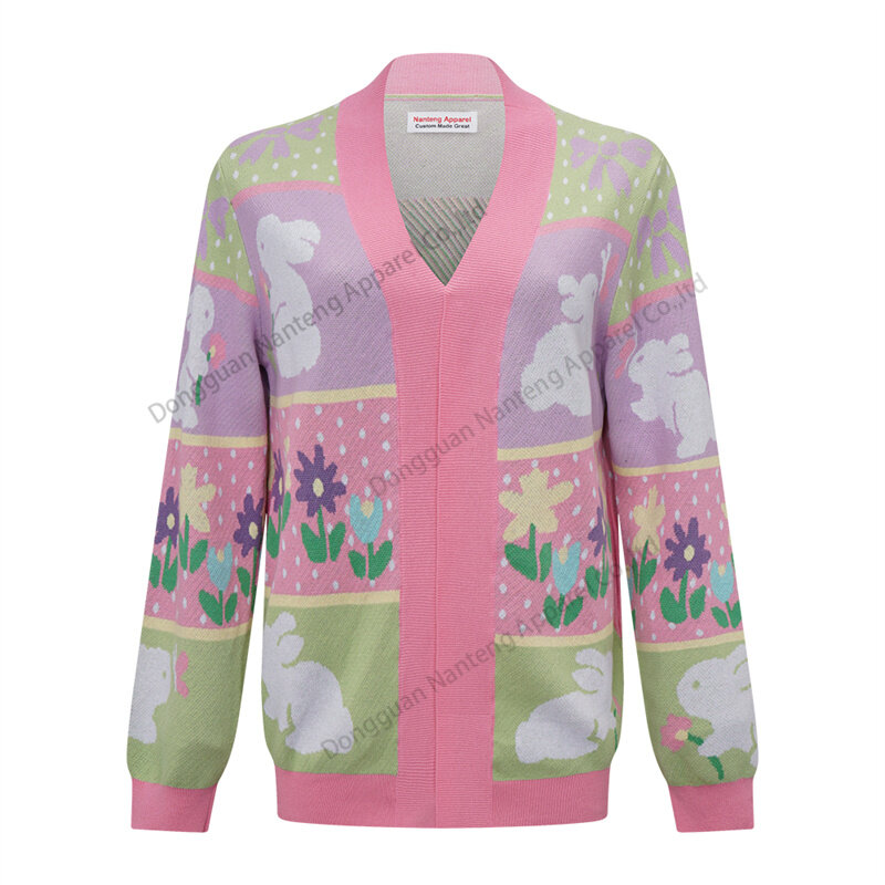 Custom Buttonless V-Neck Long Sleeves Easter Jacquard Pattern Cotton Women Cardigan Sweater