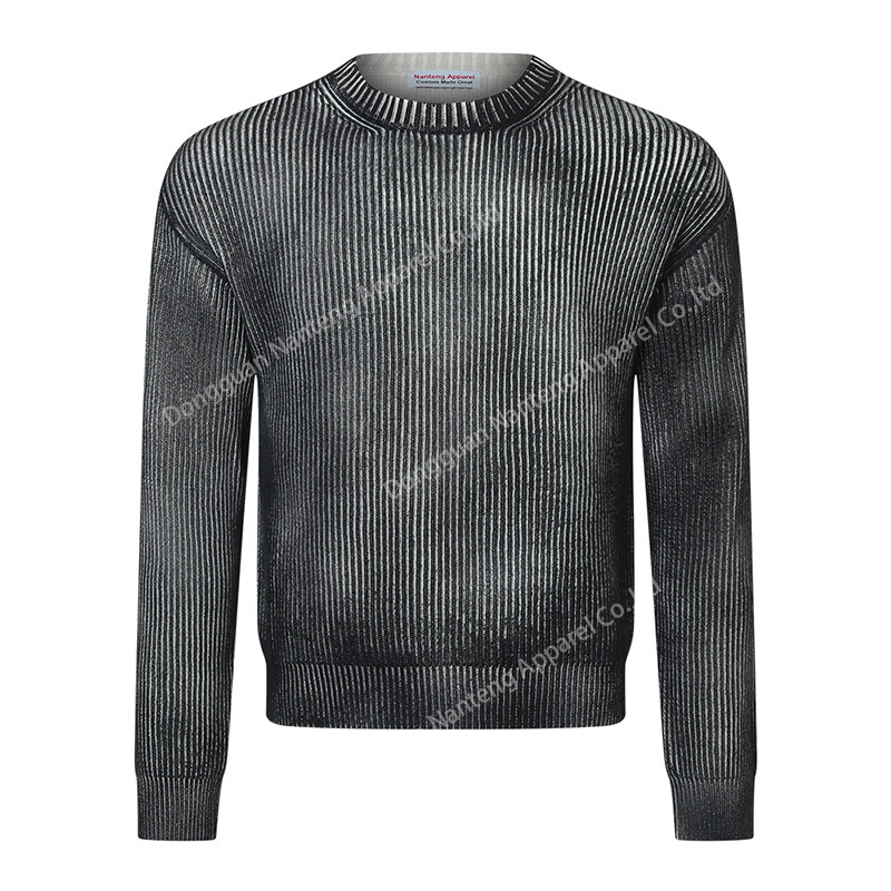 Custom O-Neck Long Sleeve Knitwear Gradient Acid-Washed Spray Dye Cotton Men Pullover Sweater