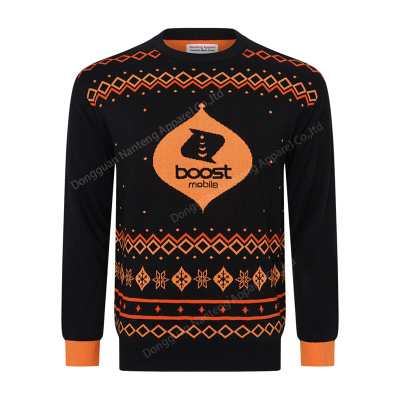 Custom Crew Neck Pullover Knit Argyle Pattern Jacquard Striped Acrylic Men Christmas Sweater