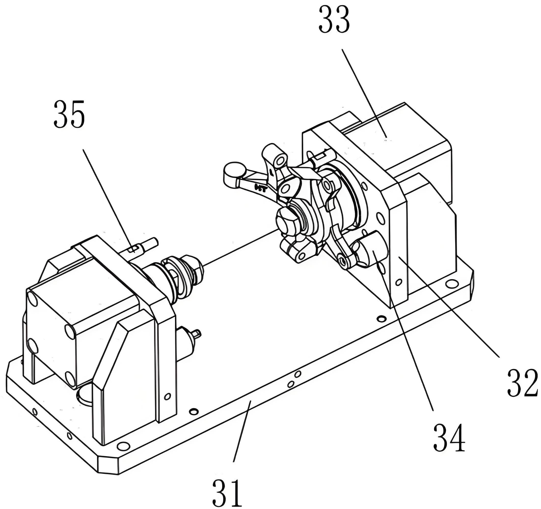 A disassembled diagram of a lateral clamp of a steering knuckle, comprising a base plate, at least one side plate frame being arranged on the base plate, a lateral oil cylinder, a brake arm locating pin and a plurality of stop pins being arranged on the side plate frame; a lateral clamping assembly cooperating with a steering knuckle workpiece is arranged on the lateral oil cylinder, and the brake arm locating pin cooperates with the brake arm; the lateral clamping assembly comprises a hydraulic plug, an oil seal, a tightening pin, a tightening ring and a lateral socket; the hydraulic plug is arranged in the lateral oil cylinder, the oil seal is arranged at the port of the lateral oil cylinder, the hydraulic plug passes through the oil seal and is connected with the tightening pin, a socket is arranged on the tightening ring, and the tightening ring cooperates with the tightening pin through the socket; the lateral socket is fixedly connected to the side plate frame, and the lateral socket cooperates with the tightening pin and the tightening ring to clamp the steering knuckle workpiece.