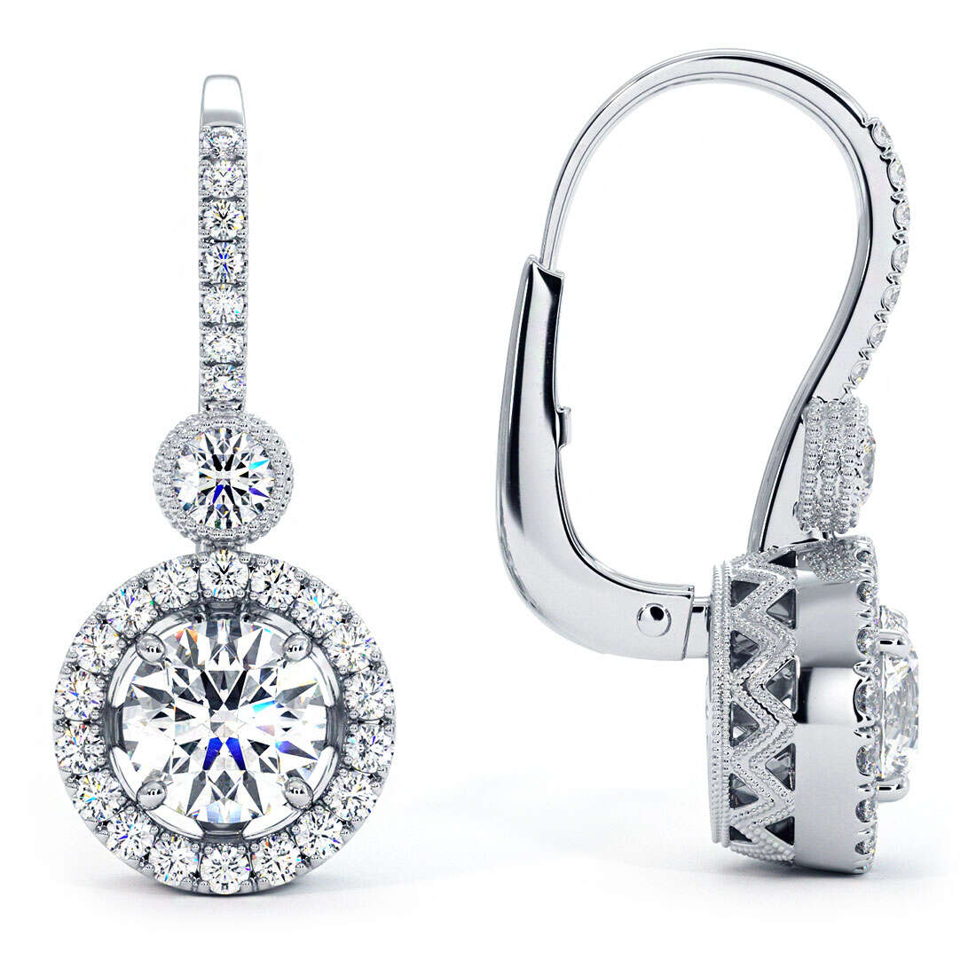 Finefey Earrings White CZ 6MM Leverback  925 Silver Rhodium Plating Round Bezel