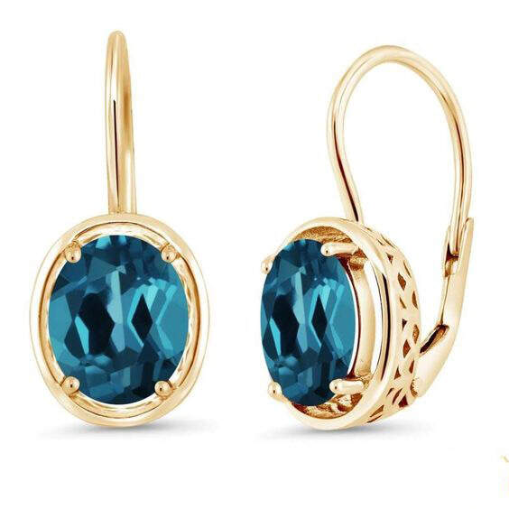 Finefey Sterling Silver 14K Gold Plating Oval Cut Blue Topaz 6x8MM Leverback