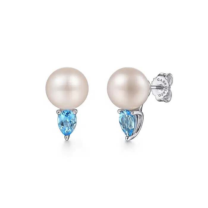 925 Silver Shell Pearl Stud Earrings with Rhodium Plating Aqua Blue CZ