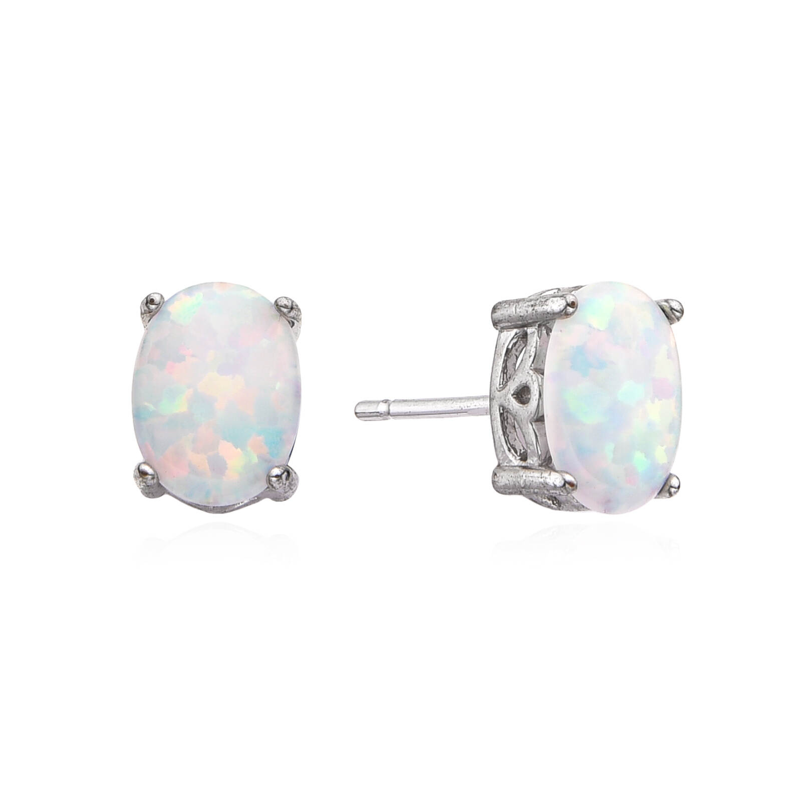 Oval Shape Stone Opal Earring Rhodium Plating Claw Setting Studs