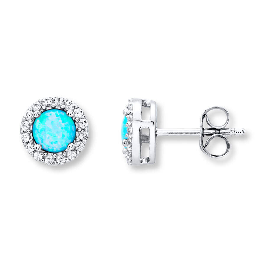 925 Silver Earrings Rhodium Plating 6MM Light Blue Opal White CZ Stone Leverback