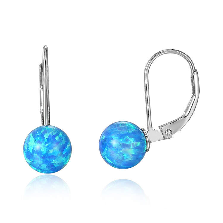Fashion Jewelry Ball Shape Earrings OP50 Lake Blue Rhodium Plating Opal Leverback