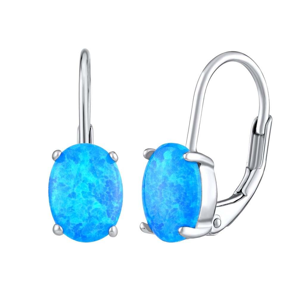 Oval Shape Stone Opal Earring OP50 Lake Blue Rhodium Plating Leverback