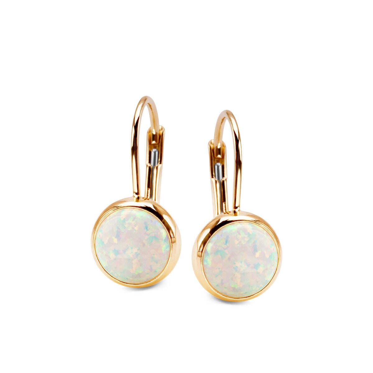 8MM Bezel Opal Earrings OP17 Fire&Snow 14K Gold Plating Leverback