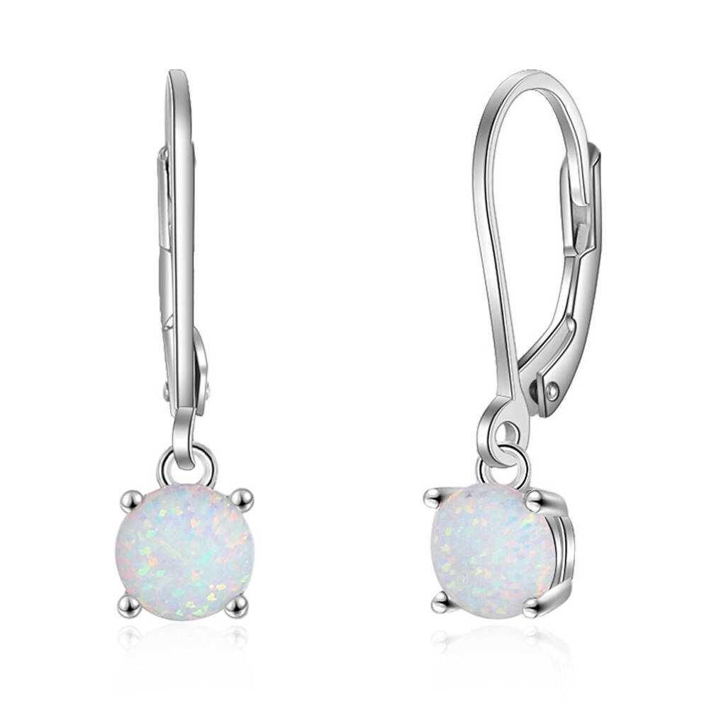 925 Silver Earrings Rhodium Plating 6MM Opal Stone Leverback