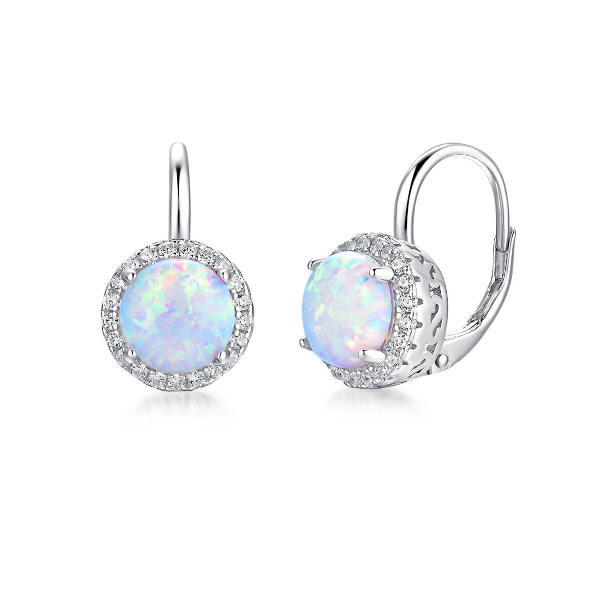 Popular Cornflower Blue Opal Earring Sterling Silver White CZ Rhodium Plating Leverback