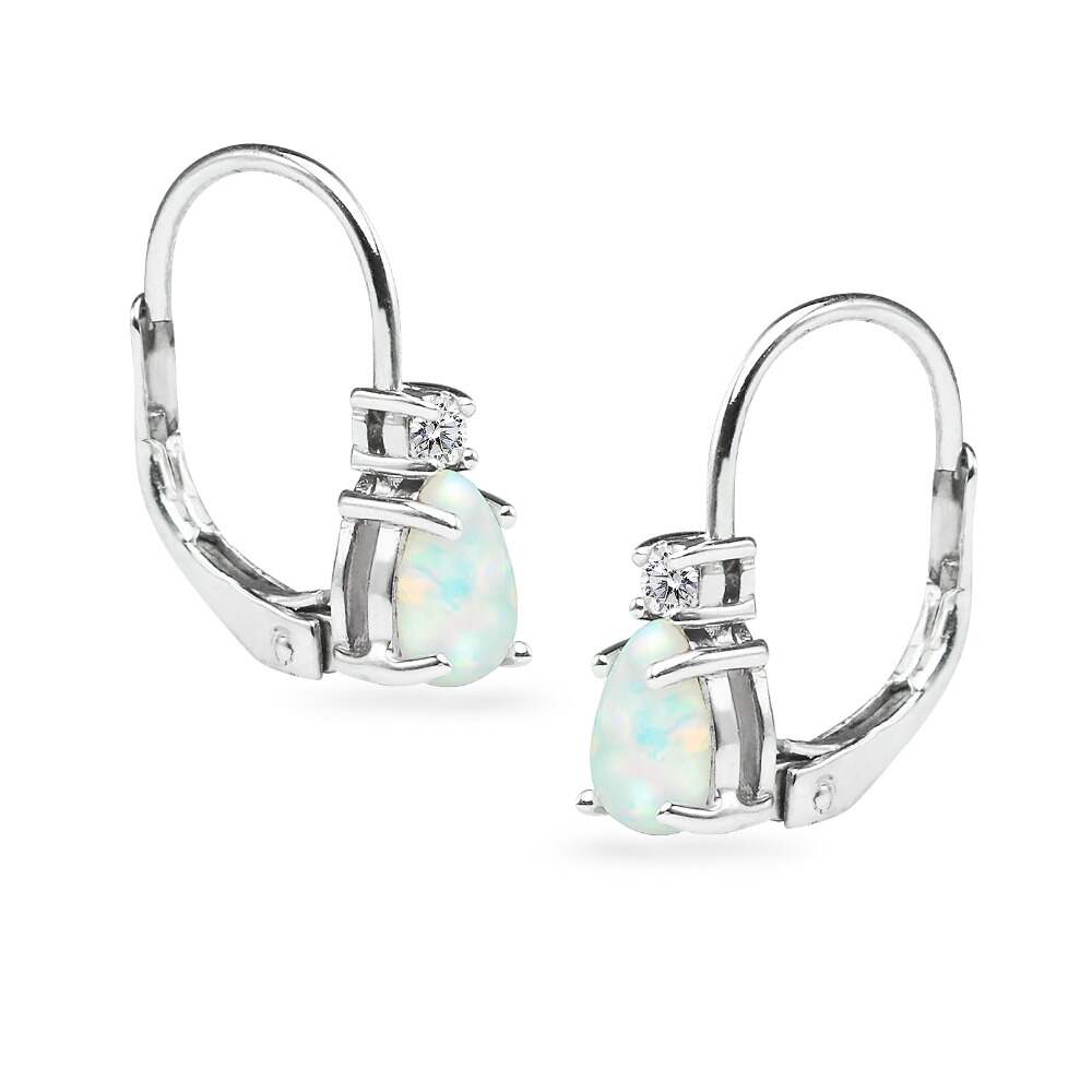 Sterling Silver Earring White CZ Opal Drop Srone OP17 Rhodium Plating Leverback