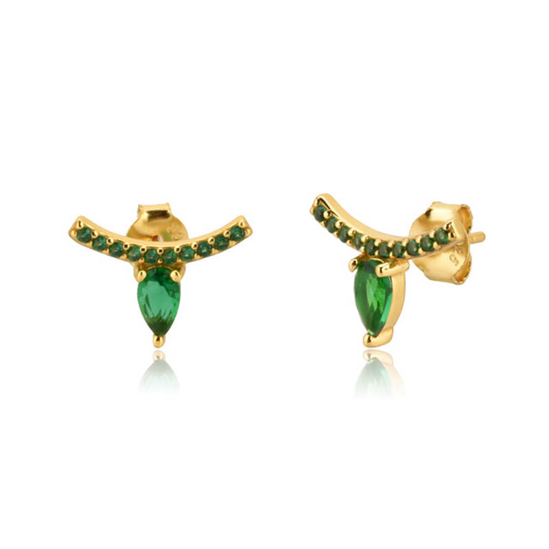 Sterling Silver Studs Emerald 4x6mm Drop Design Dainty 14K Gold Plating Earrings