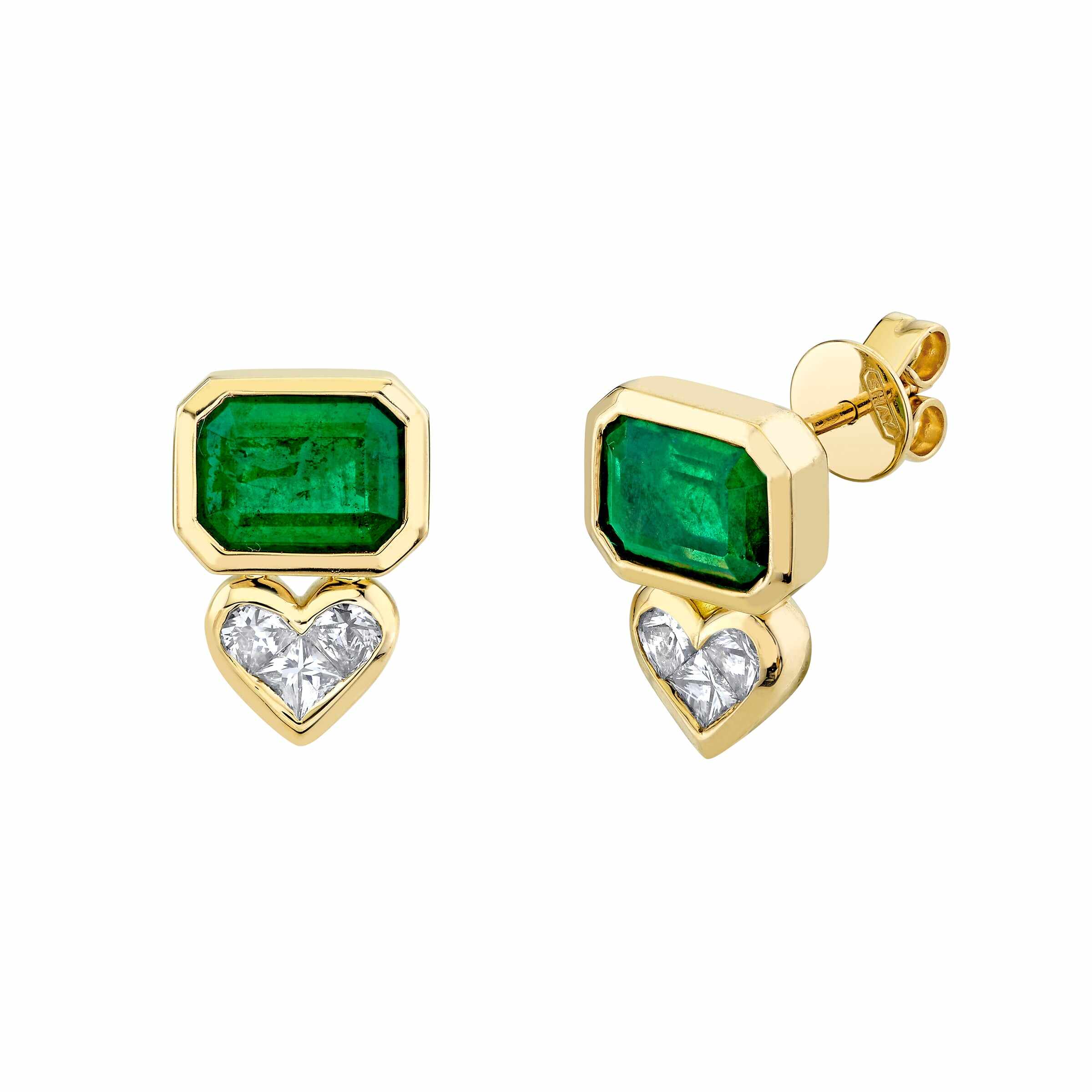 14K Gold Plating Studs Rectangular Emerald CZ and Heart White CZ Earring