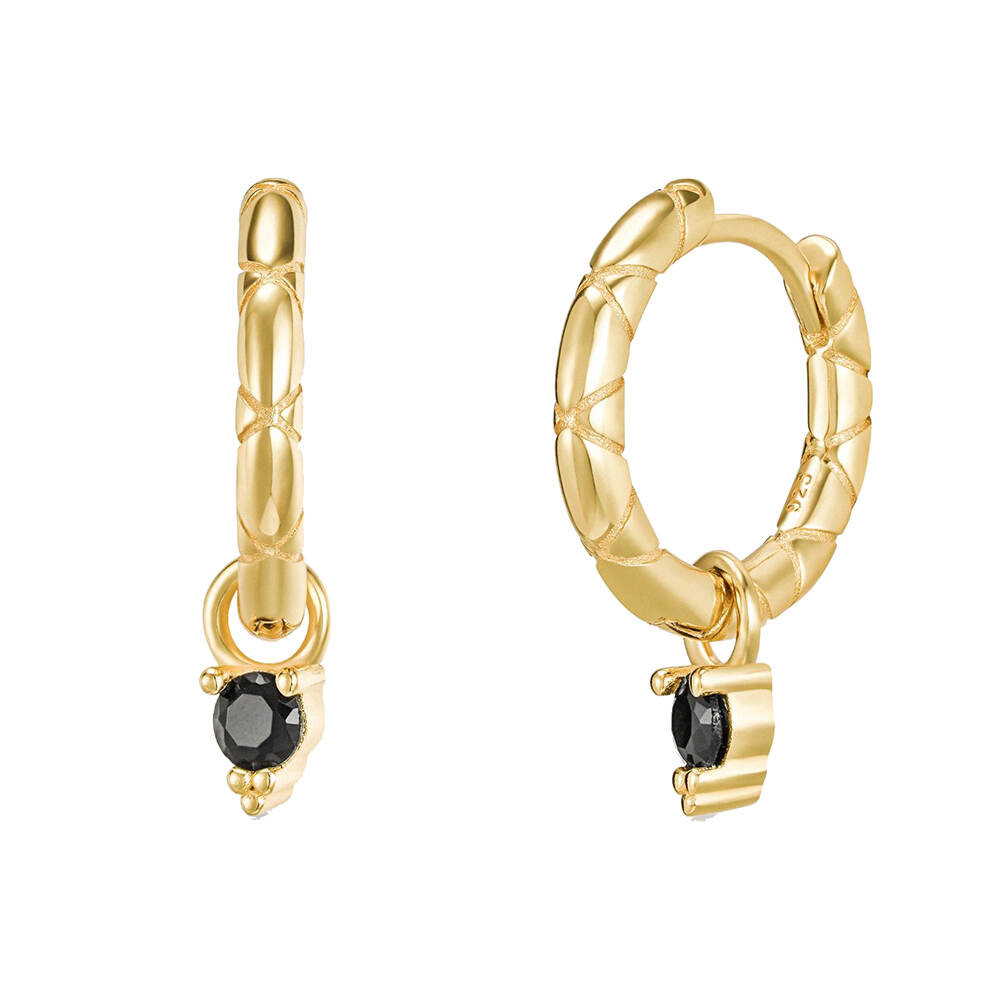 Wholesale 925 Silver Hoop Earrings with Black CZ 14K Gold Plating