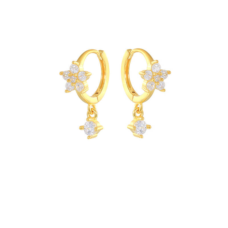 Trendy Factory Direct White CZ Flower Shape Hoop Earrings with 14k Gold Plating