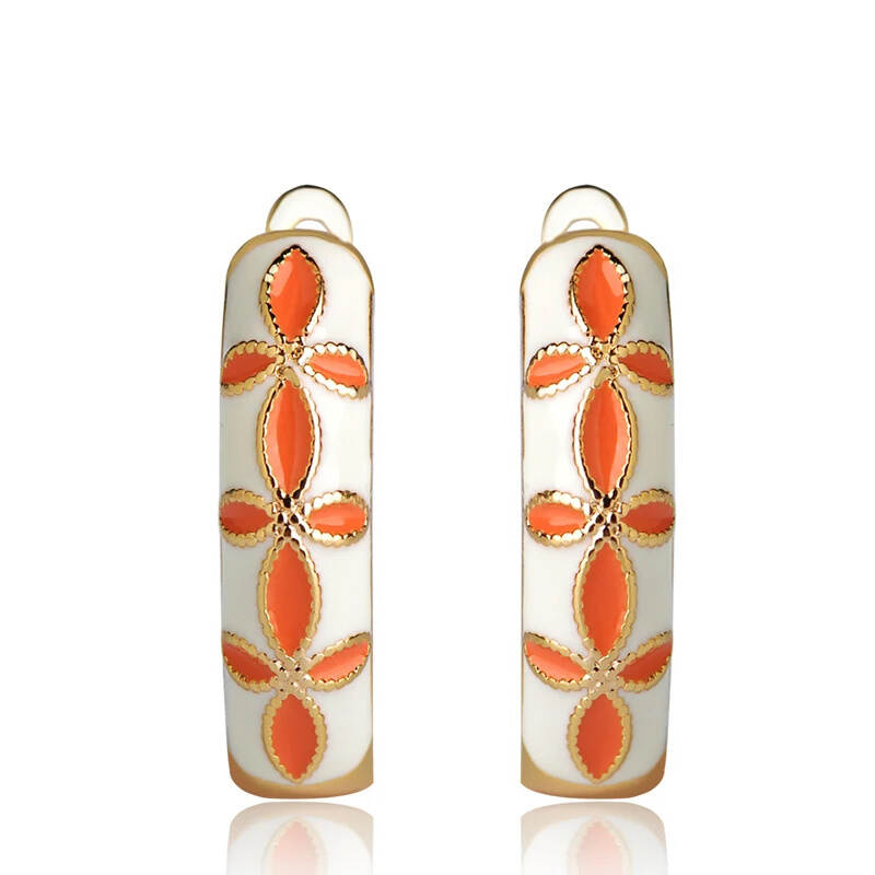 925 Silver Huggies White Orange Enamel Hoop Earrings For Daily Wearing