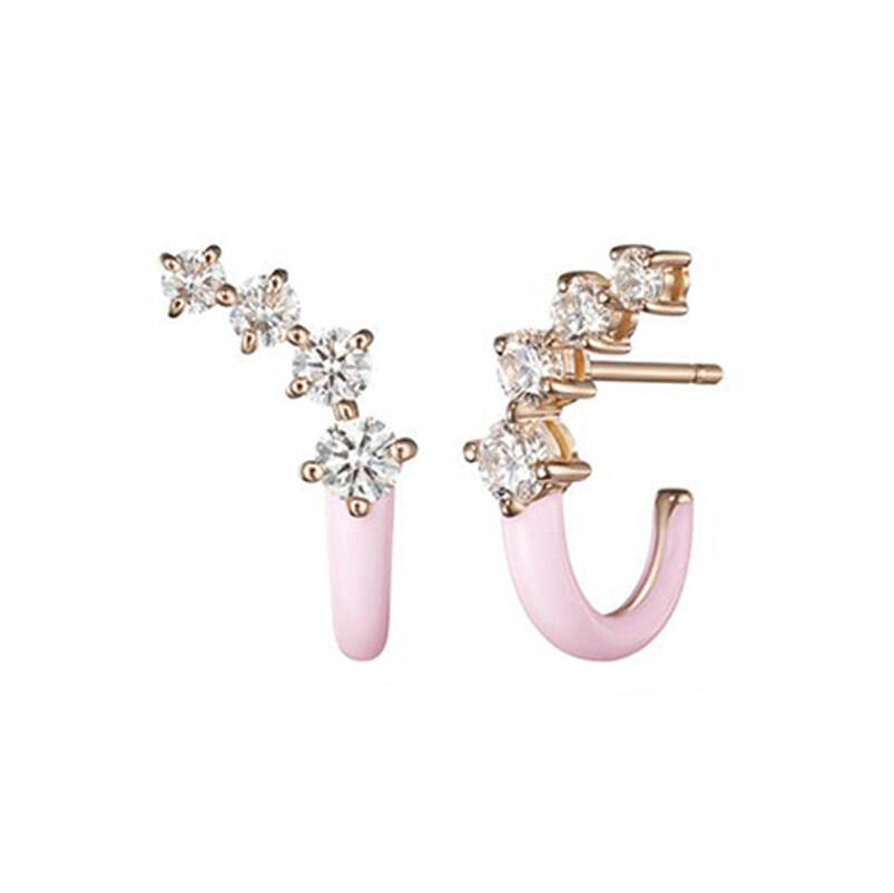 Wholesale 925 Silver Earrings 14K Gold Plating Stud Earrings Light Pink Enamel White CZ