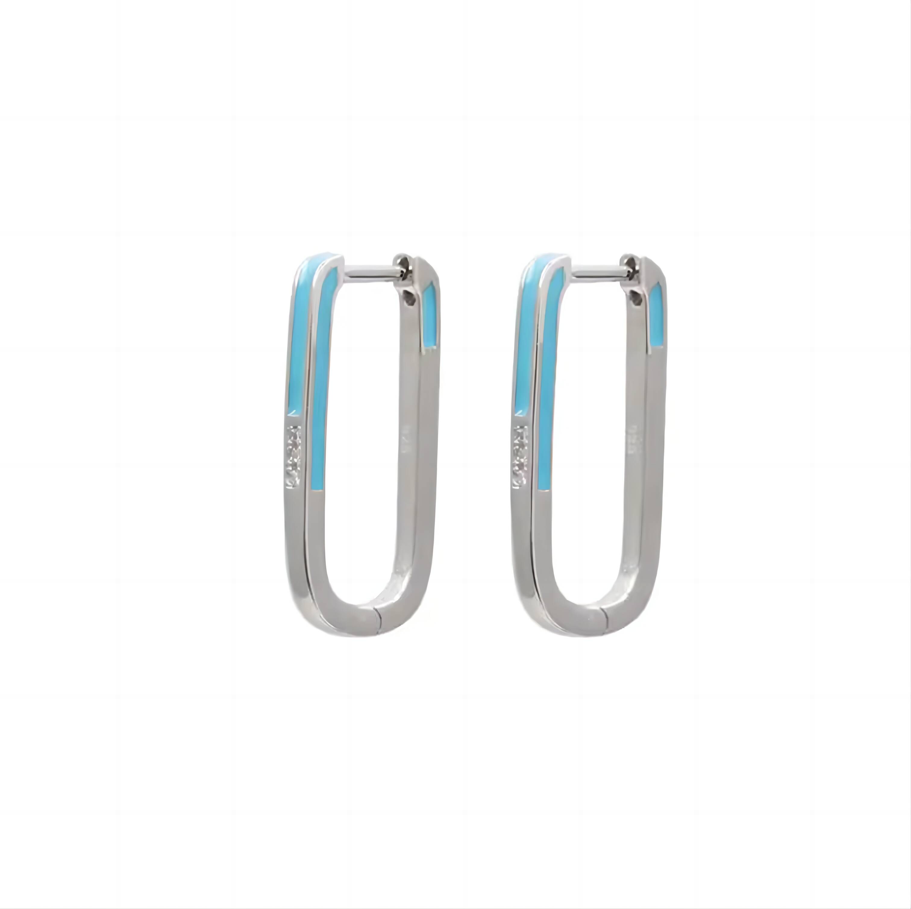 925 Sterling Silver Hoop Earrings Rhodium Plating with Blue Enamel Design